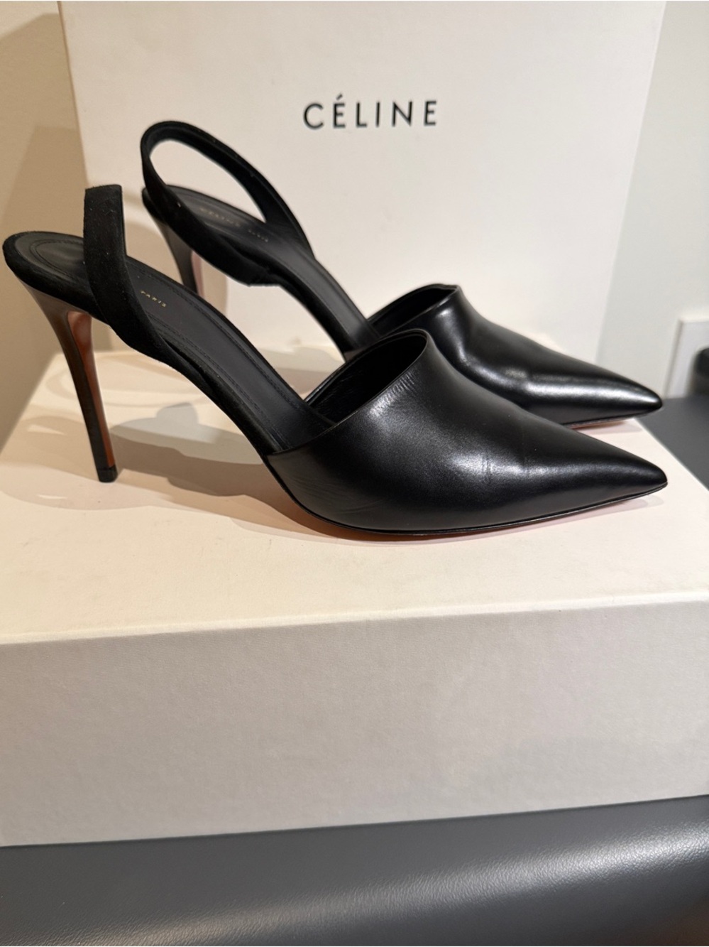 Celine Black Leather Pointed Toe Slingback Heels